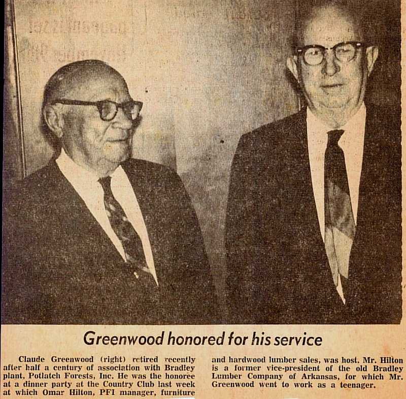 1968 clipping from the Eagle Democrat that covers Joshua Claude Greenwood's retirement from the Bradley plant, Potlatch Forests, Inc. (Bradley County Lumber Company) after 50 years of service