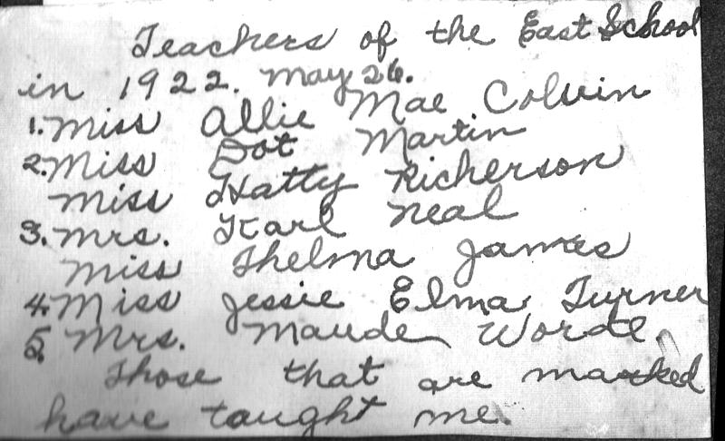 Teachers of the East School, May 26, 1922, name list