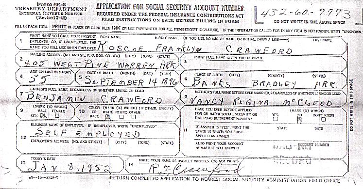 Social Security Application of Roscoe Franklyn Crawford