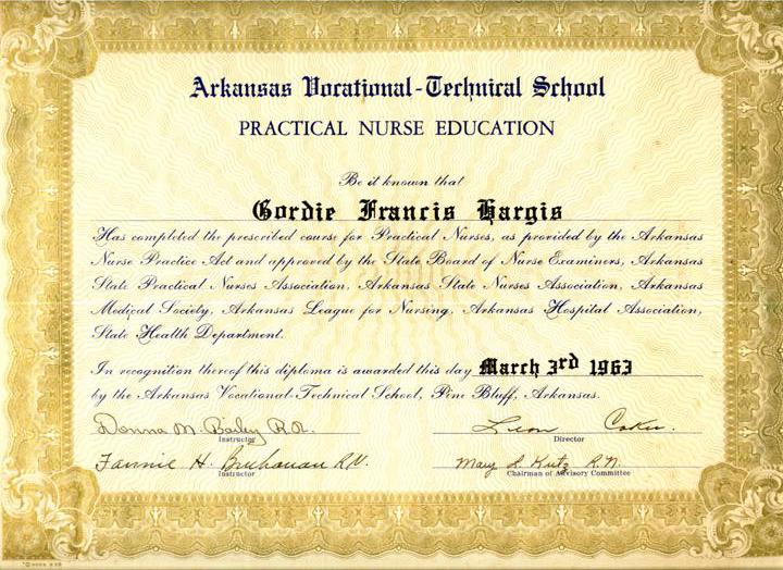 Arkansas Vocational-Technical School, Practical Nurse Diploma, Gordie Francis Hargis, 1963
