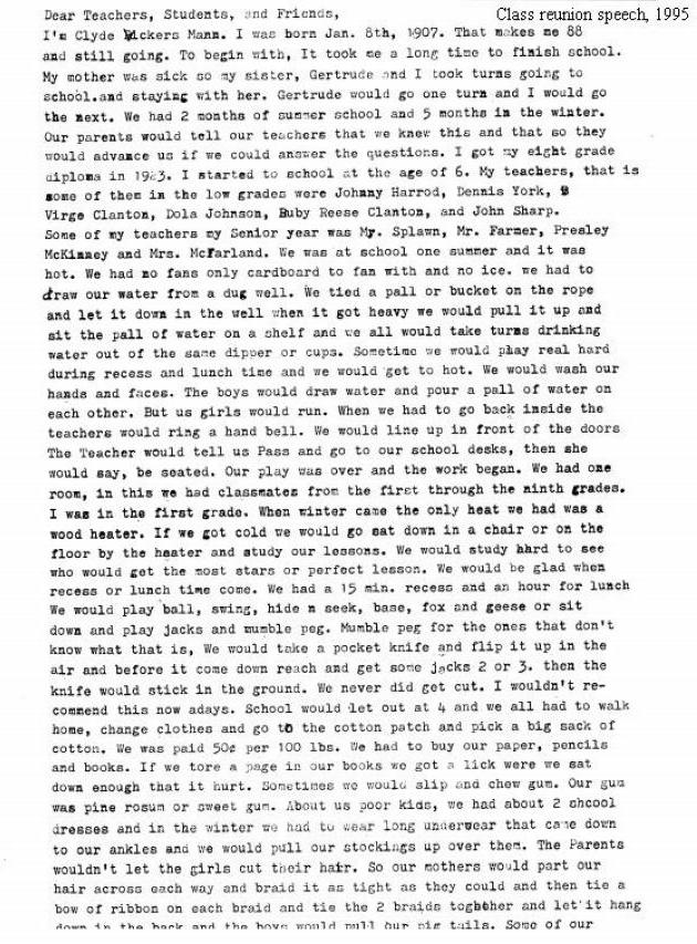 A Speech by Clyde Vickers Mann at the 1995 Vick School Reunion, page 1