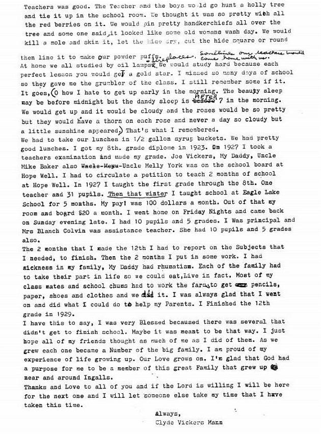 A Speech by Clyde Vickers Mann at the 1995 Vick School Reunion, page 1