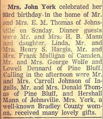 93rd Birthday of Mrs. John York - Newspaper Article