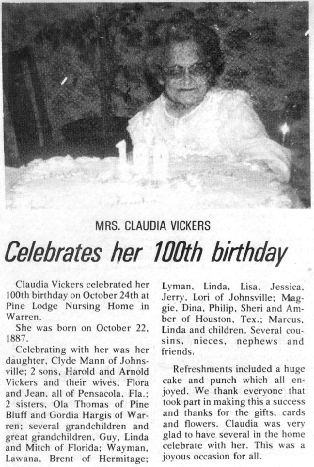 100th Birthday of Claudia Vickers - Newspaper Article