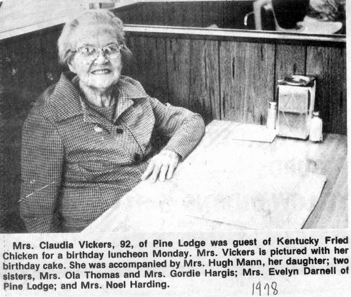 92nd Birthday of Claudia Vickers - Newspaper Article