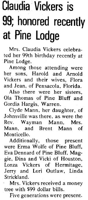99th Birthday of Claudia Vickers - Newspaper Article