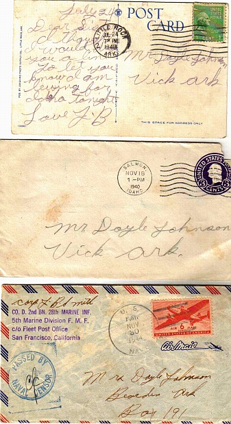 postcard and envelopes from J. B. Smith to sister Mrs. Doyle Johnson