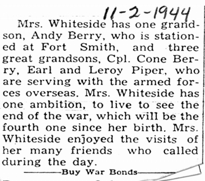 Bradley County Military - Four Wars - 1944 Comment by Purity Whiteside