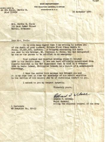 War Department Letter dated 30 Nov. 1945 to Hardy's wife in Warren, AR.