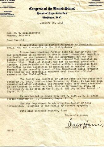 Oren Harris, Congressman, Letter dated 28 Jan. 1946 to Hon. C. C. Hollensworth in Warren, AR.