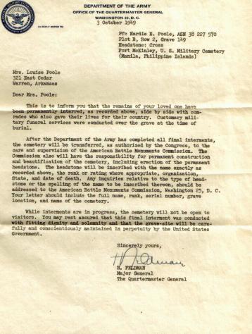 Department of the Army Letter dated 3 Oct. 1949 to Hardy's wife in Warren, AR.