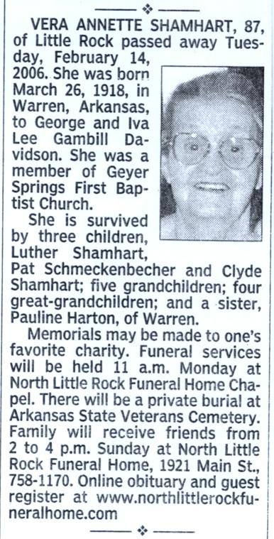 Vera Annette Davidson Shamhart Obituary