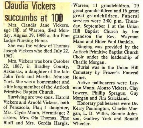 Claudia Jane York Vickers Obituary