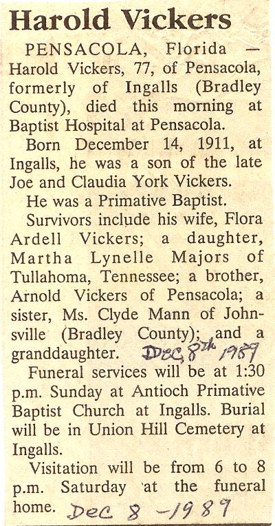 Harold Vickers Obituary