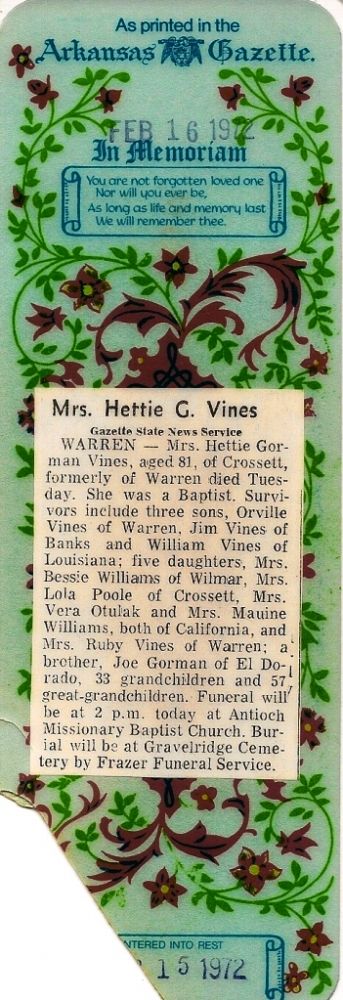 Mrs. Hettie G. Vines Obituary