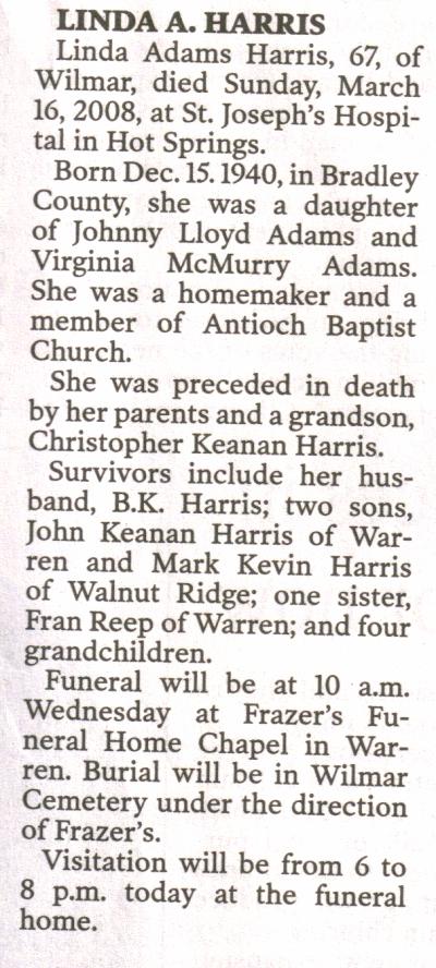 Linda Sue Adams Harris Obituary