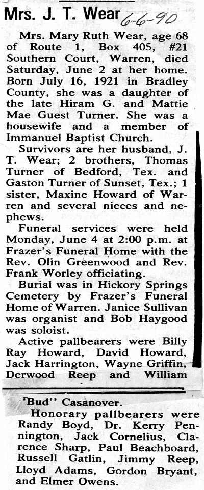 Mary Ruth Turner Wear Obituary