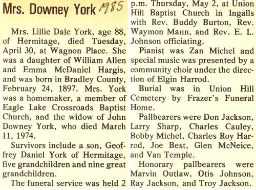 Lillie Dale Hargis York Obituary