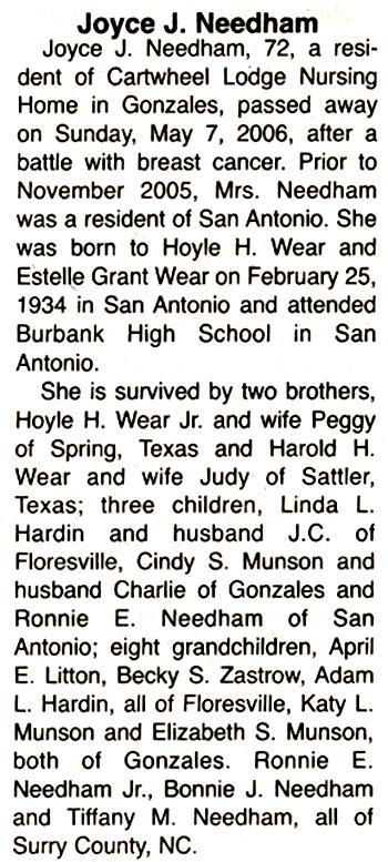 Joyce Julia Wear Needham Obituary Part 1