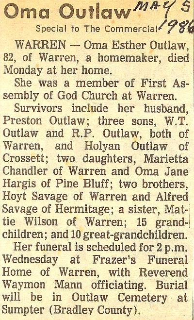 Oma Esther Savage Outlaw Obituary