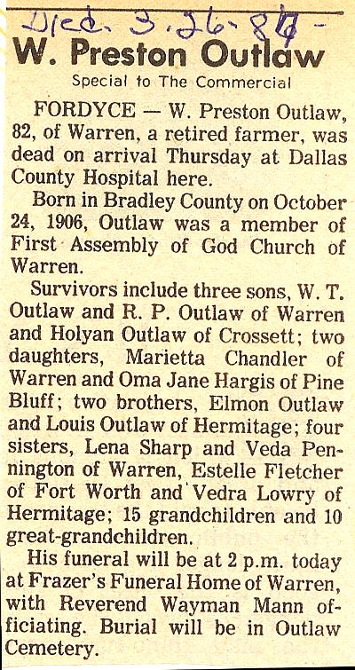 William Preston Outlaw Obituary
