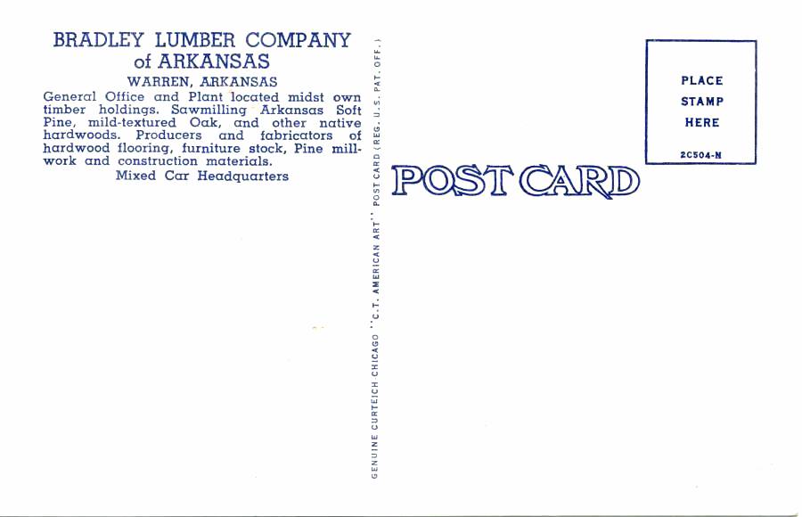 Bradley Lumber Company of Arkansas back of postcard