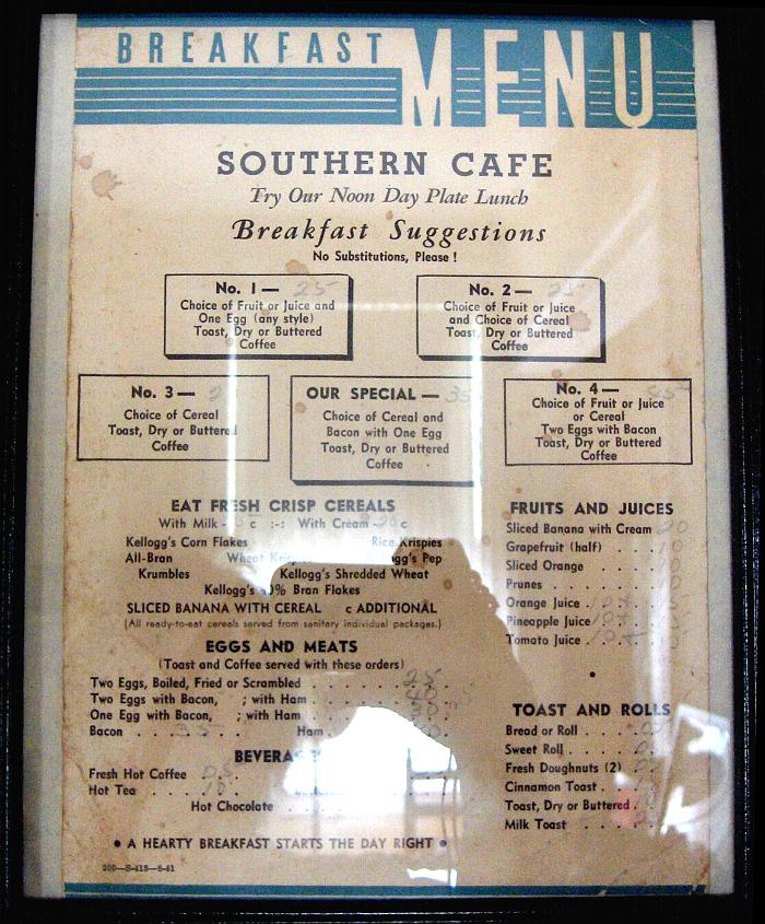 Breakfast Menu at the Southern Cafe, Warren, Arkansas