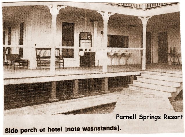 Parnell Springs Resort, side porch of hotel [note washstands]