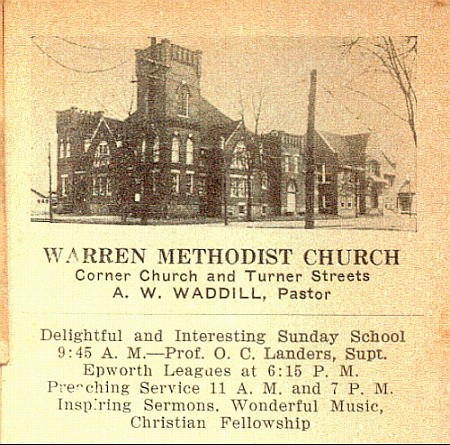 Warren Methodist Church flyer part 1; A. W. Waddill, O. C. Landers