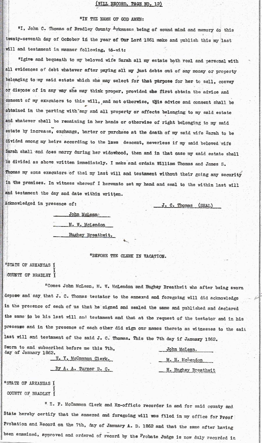 John C. Thomas page 12, Bradley County, Arkansas Wills