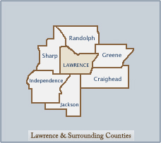 Map of counties surrounding Lawrence County, Arkansas