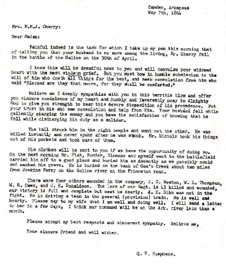 A letter from Q V Stephens to Mrs M M J Cherry, 1864