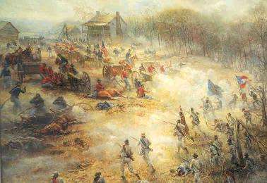 "On the Battery" by Andy Thomas. Fighting rages around Elkhorn Tavern.