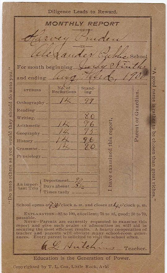 Harvey Pruden, Report Card, Pulaski County, Arkansas