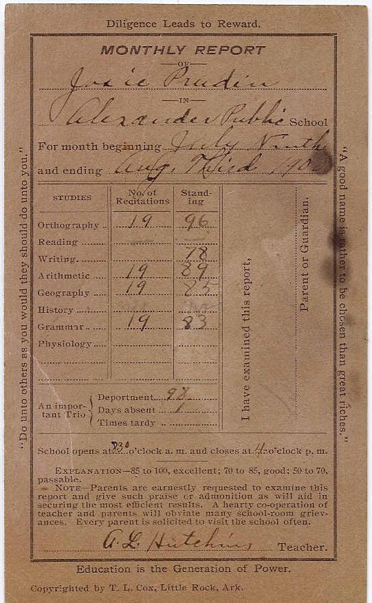 Josie Pruden, Report Card, Pulaski County, Arkansas