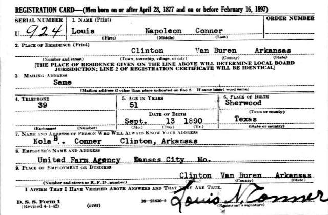 Louis Napoleon Conner, draft registration