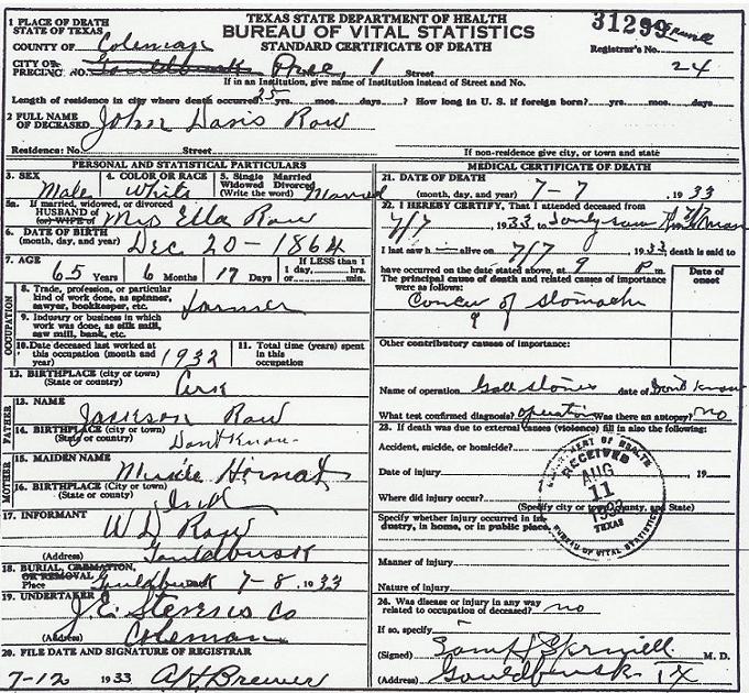 Death certificate of John Davis Row