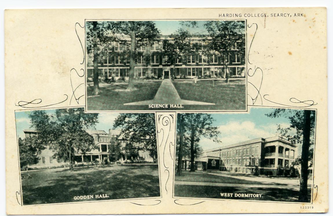 Postcared of Harding College mailed on Februaty 19,1938 to Mrs. Edna Huffman