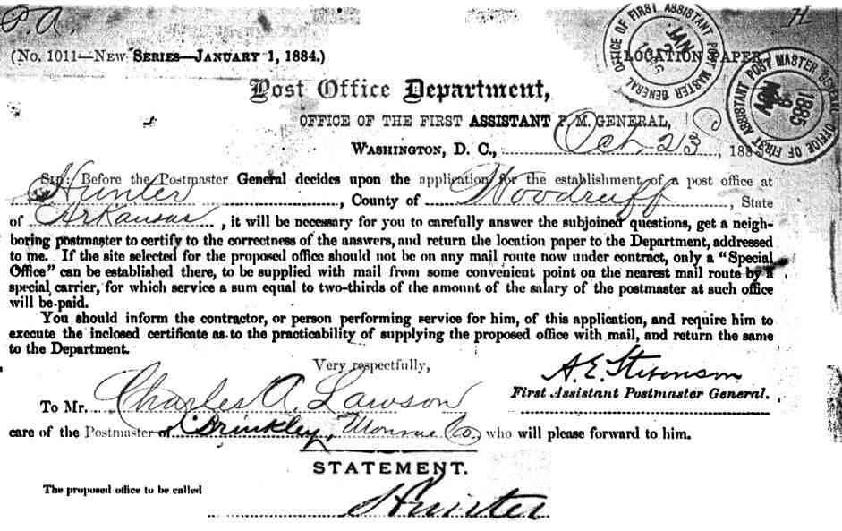 Hunter, Arkansas, post office, 1885 paperwork